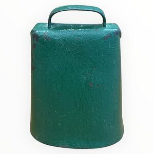 Vintage Green Metal Cowbell Farm Livestock Bell Rustic Primitive Decor Handle